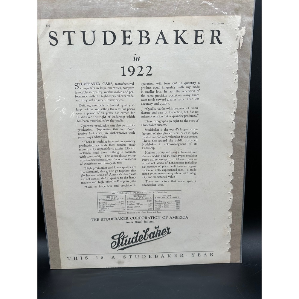 Vintage‎ 1922 Studebaker Ad Light-Six Special-Six Big-Six South Bend Indiana